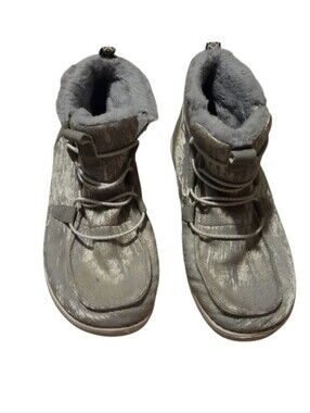 Hey Dude Women's Lea Fur Metallic Wood Grain Grey Boots - Size 8